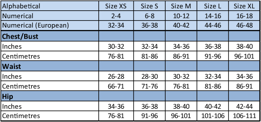 Ladies Wear Size Chart