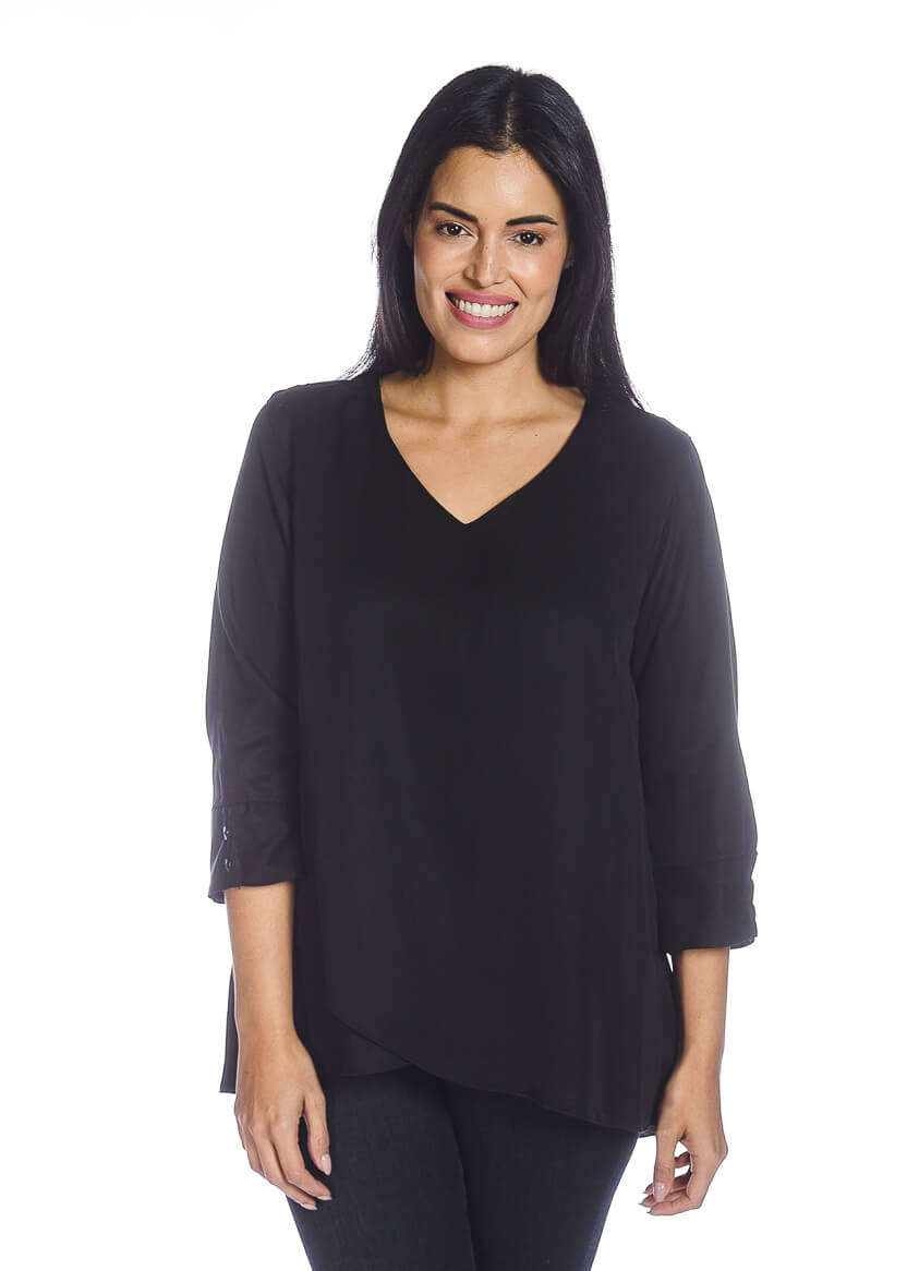 3/4 Sleeve V-Neck Tunic Top with Tulip Hem and Sleeve Button Detail ...