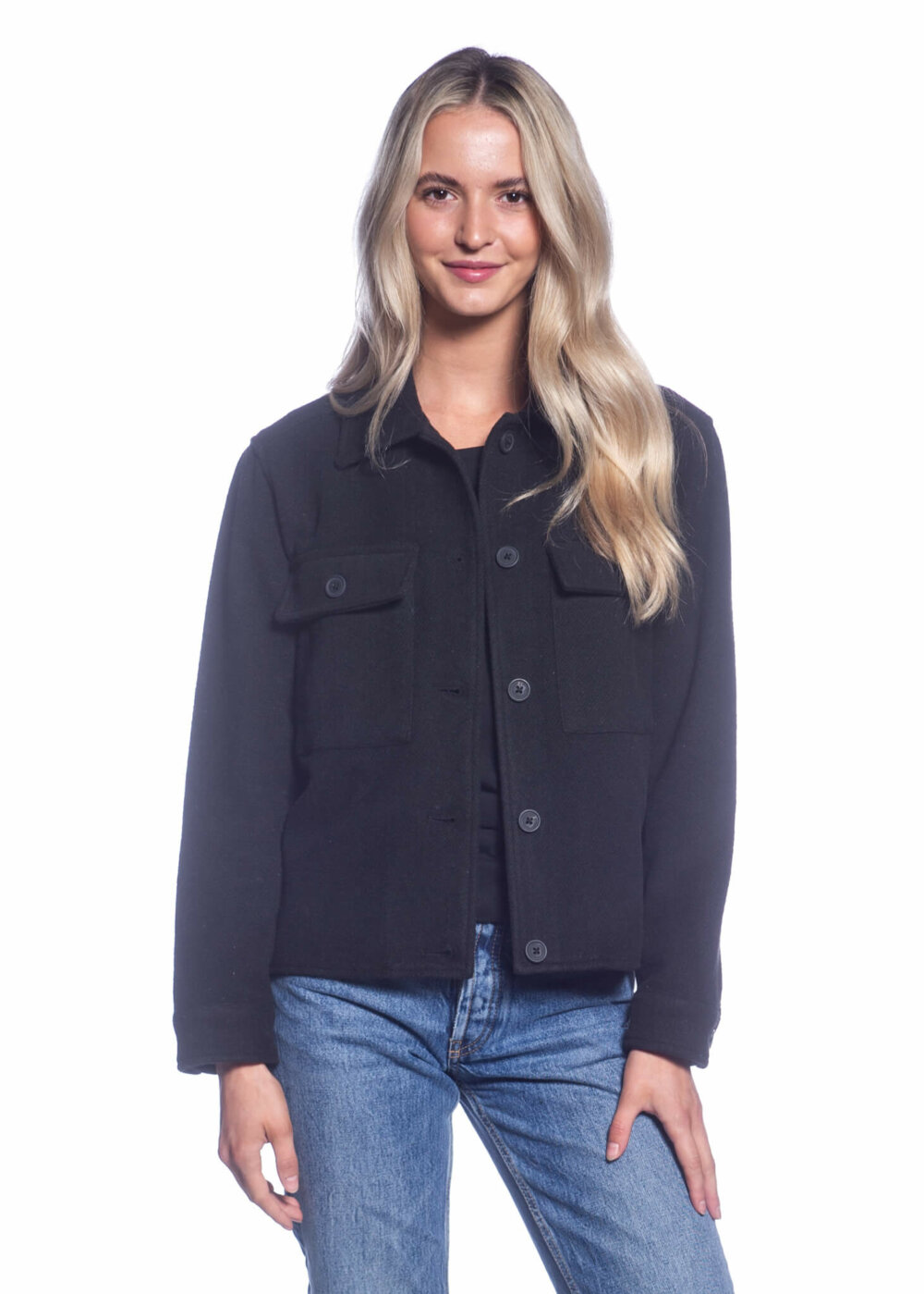 Short Body Button Front Shirt Jacket with Chest Pockets - Image 3