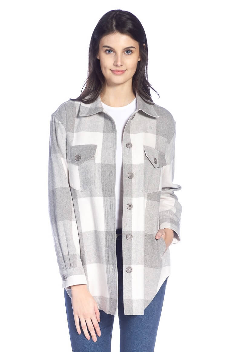 Buffalo Check Long Sleeve Button Front Shirt Jacket with Pockets DKR