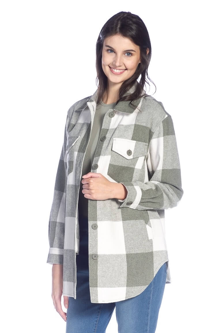 Buffalo Check Long Sleeve Button Front Shirt Jacket with Pockets DKR