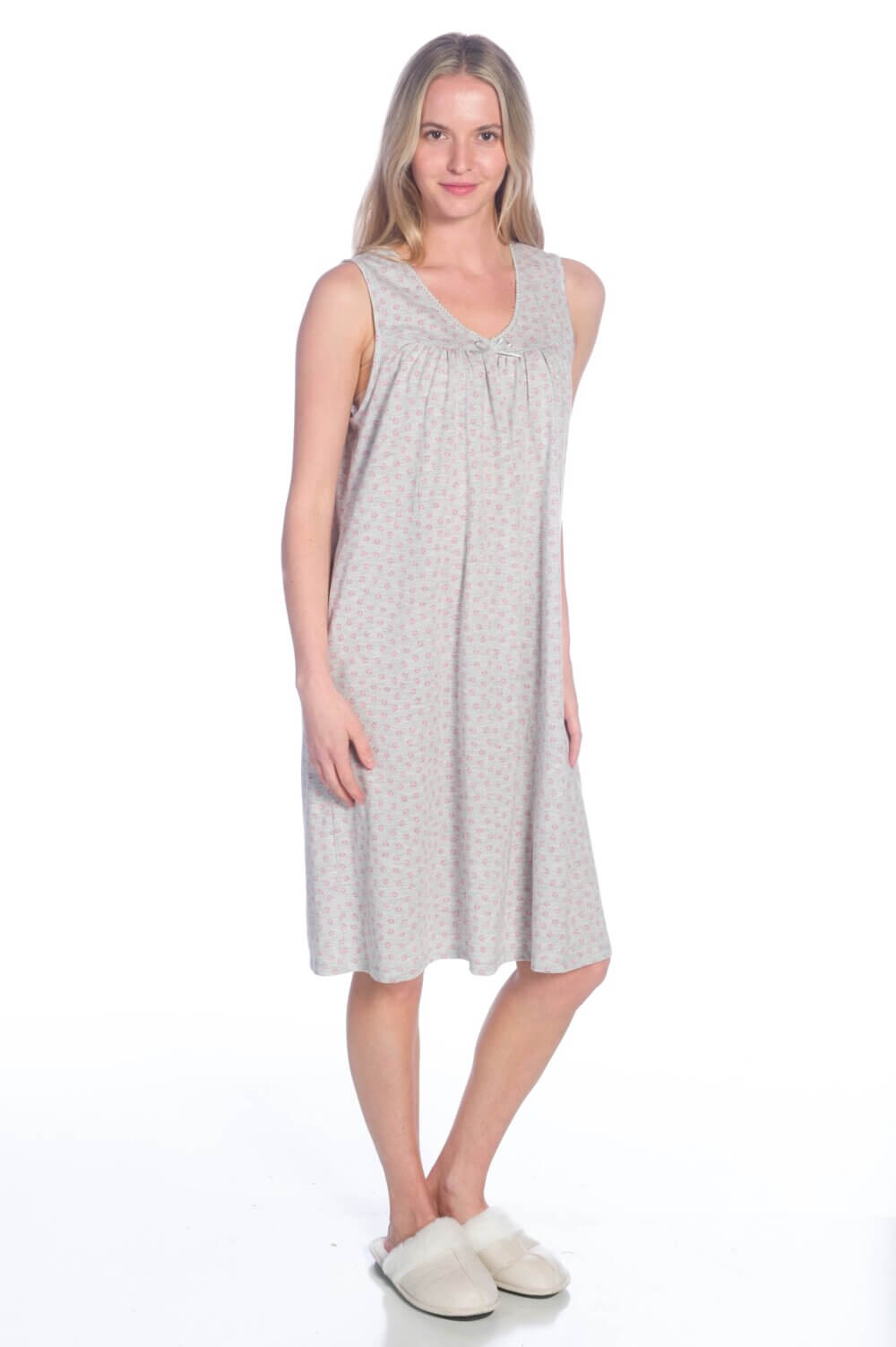 Sleeveless Printed V-Neck Nightgown with Bow Detail