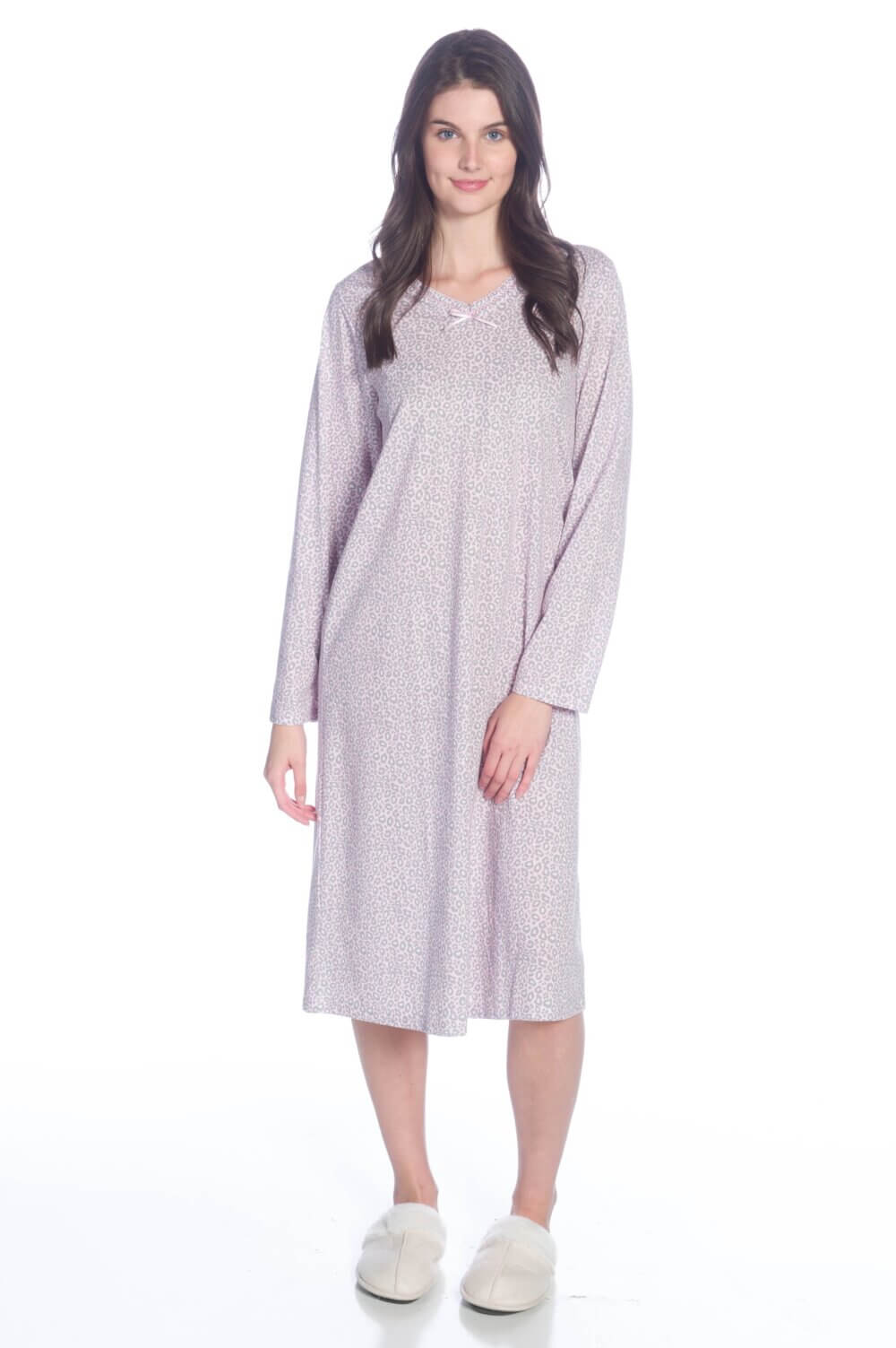 Long Sleeve Printed V-Neck Nightgown with Bow Detail - Image 2