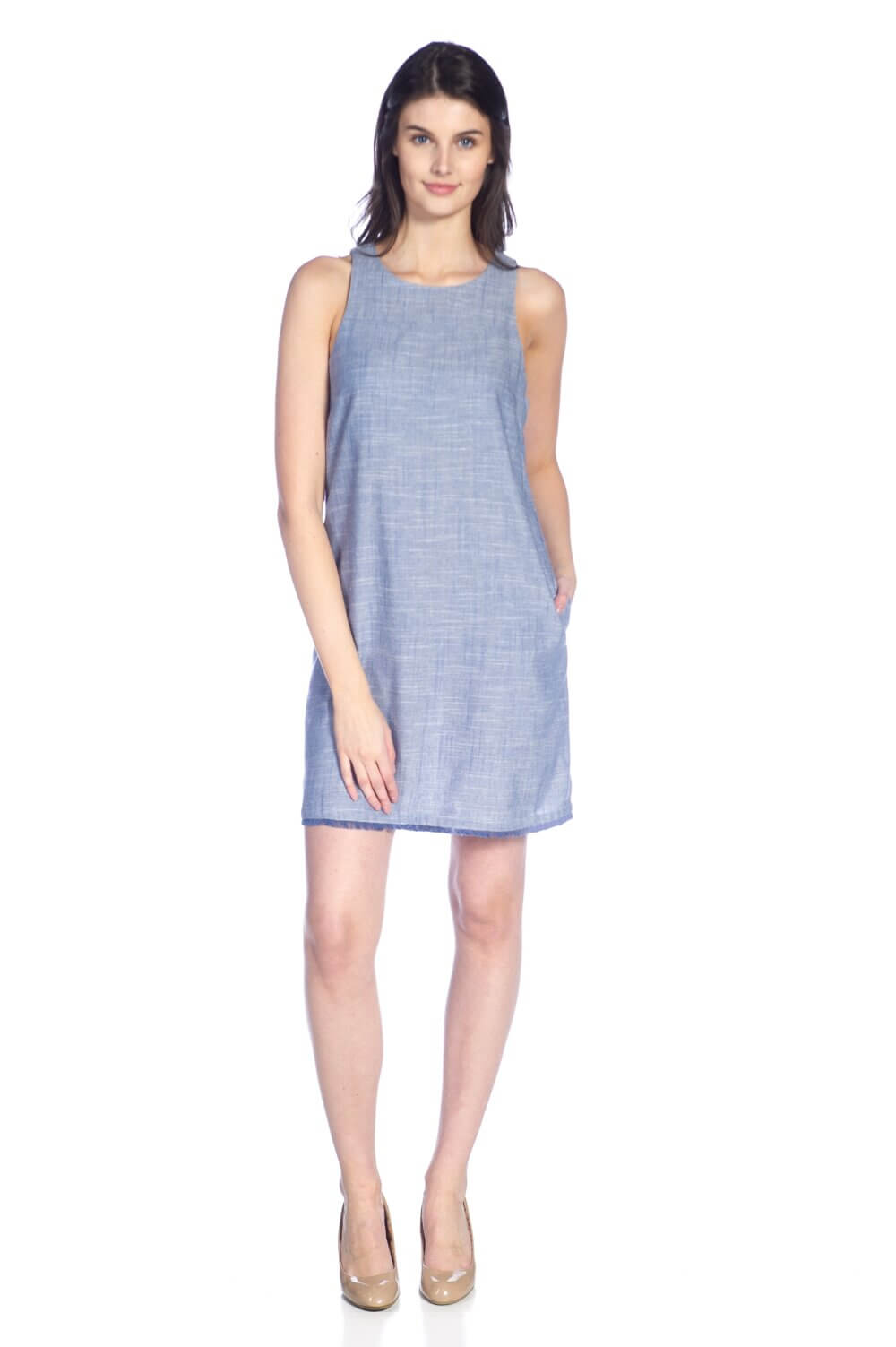 Sleeveless Dress with Yoke, Frayed Edge Hem and Pockets. - Image 9