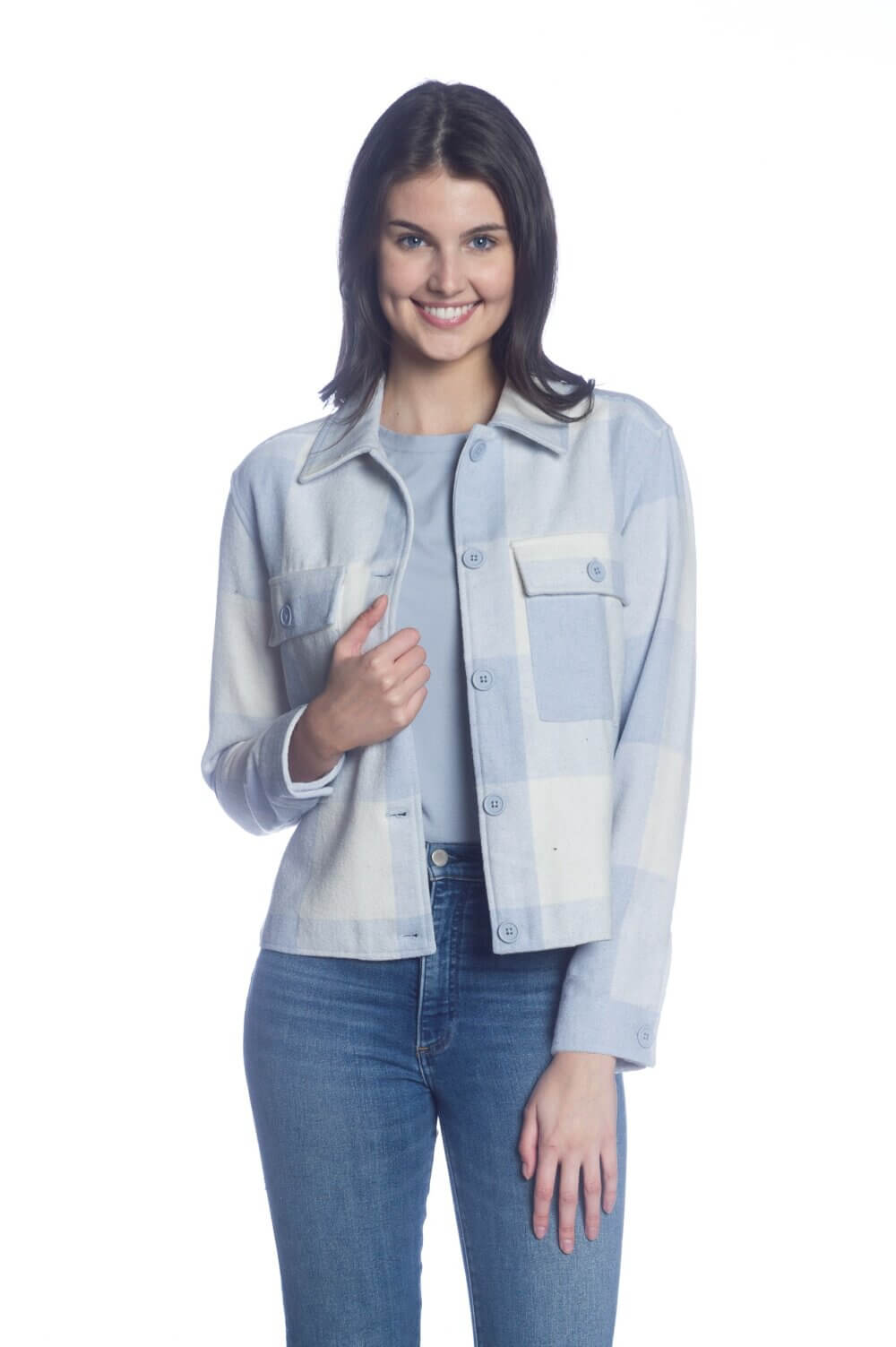 Buffalo Check Short Body Button Front Shirt Jacket with Chest Pockets - Image 4