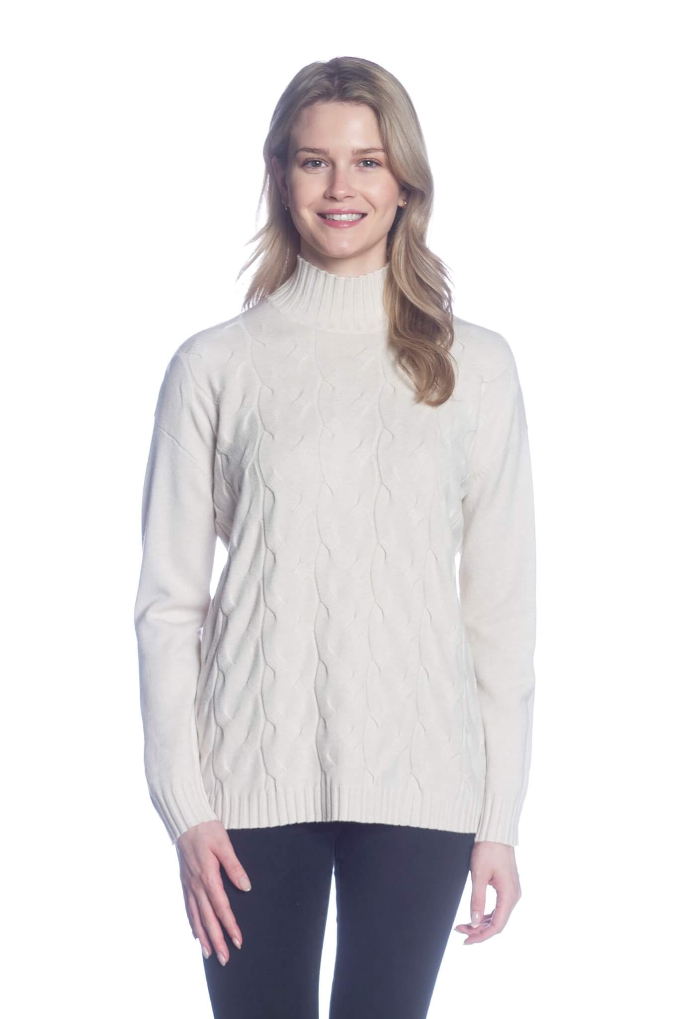 Long Sleeve Mock Neck Sweater with Cable Details on Front Body - DKR ...