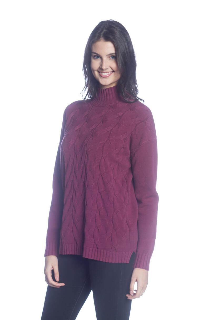 Long Sleeve Mock Neck Sweater with Cable Details on Front Body - DKR ...