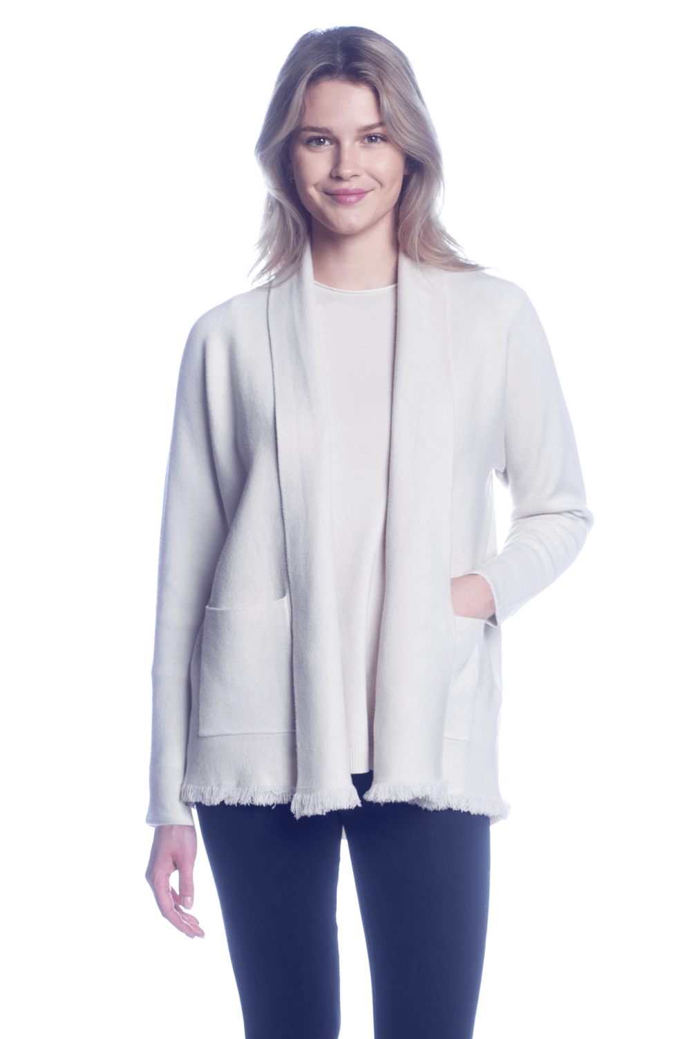 Long Sleeve Open Cardigan with Pockets and Frayed Hem Design - Image 4