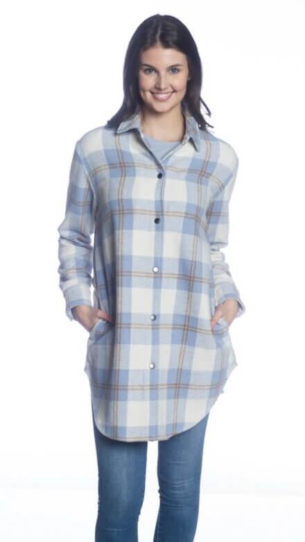 Long Sleeve Snap Front Shirt Jacket with Side Seam Pockets