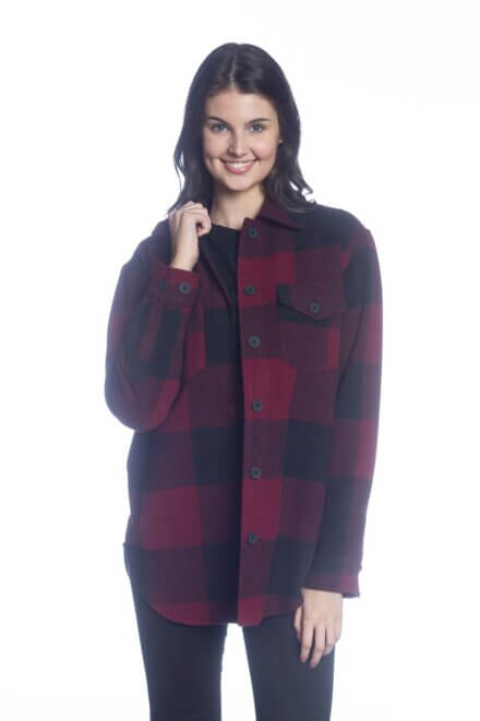 Buffalo Check Long Sleeve Button Front Shirt Jacket with Chest and Side Pockets