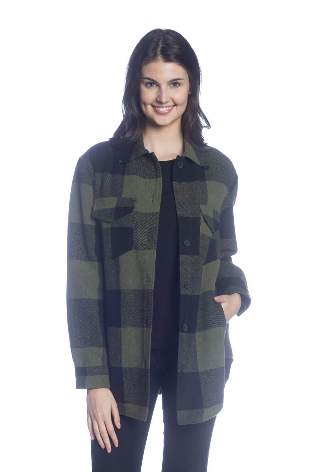 Buffalo Check Long Sleeve Button Front Shirt Jacket with Chest and Side Pockets - Image 4