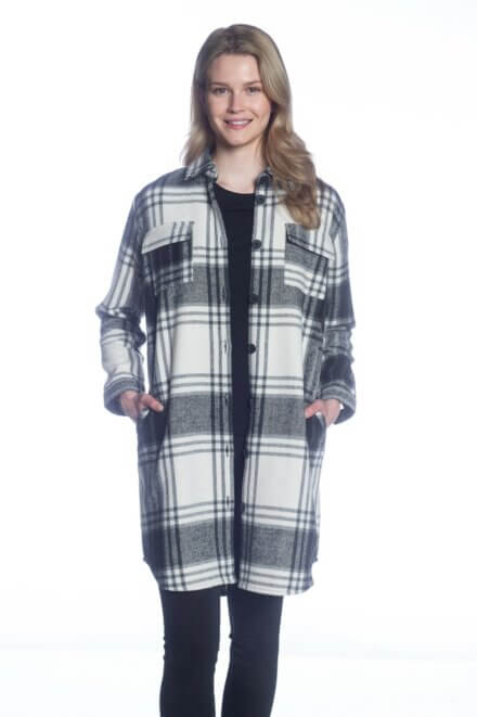 Long Body Button-Up Shirt Jacket with Chest and Side Seam Pockets
