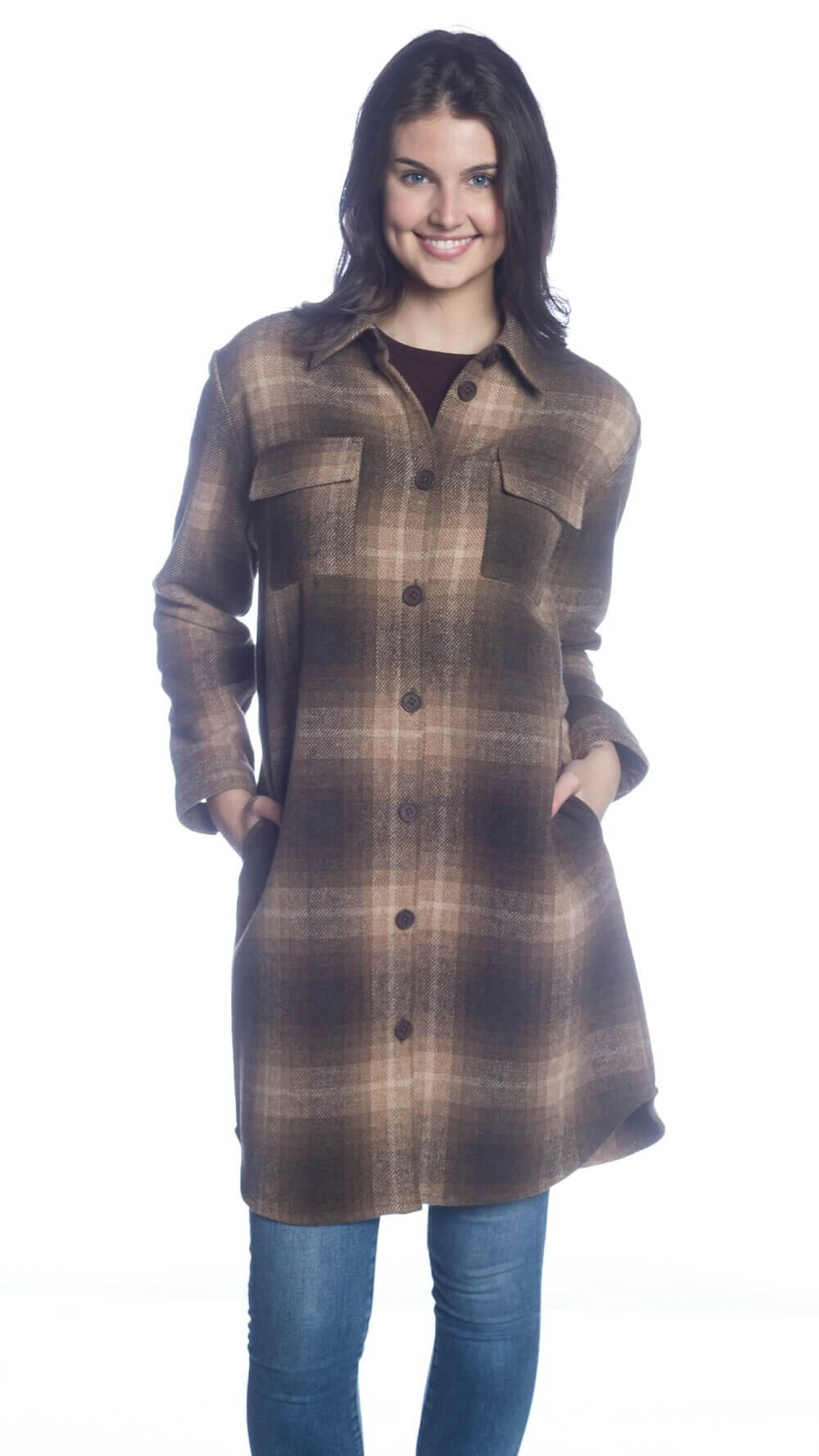 Long Body Button-Up Shirt Jacket with Chest and Side Seam Pockets - Image 3