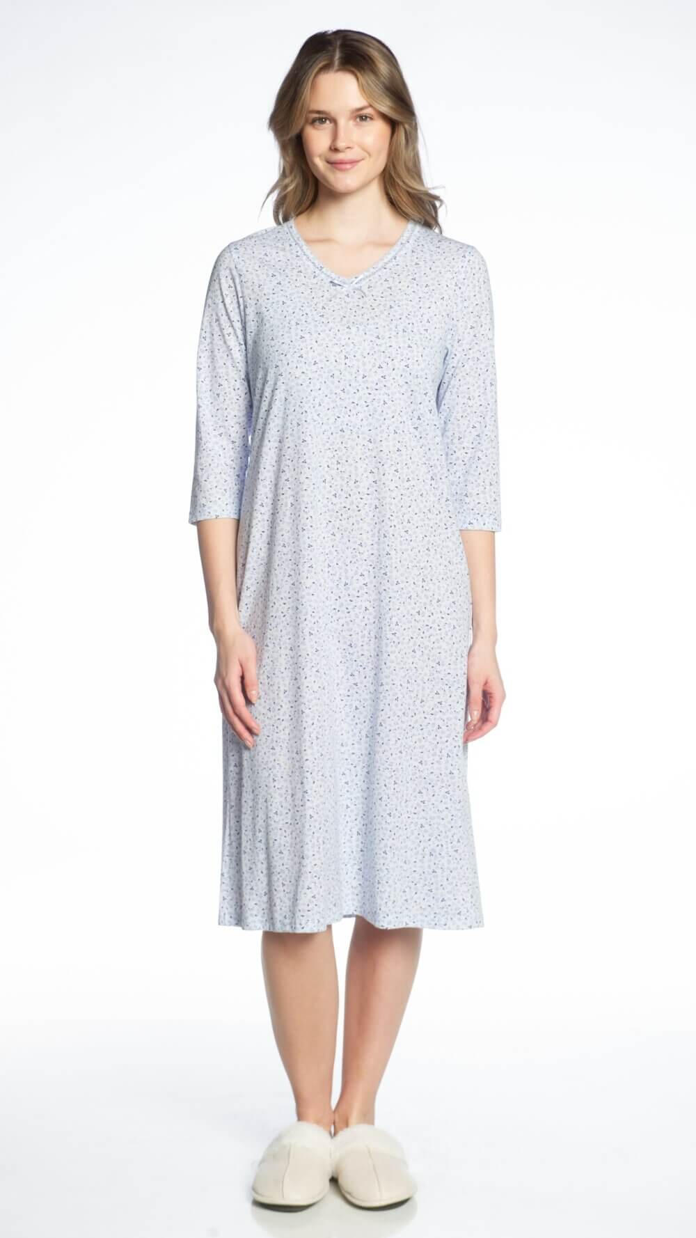3/4 Sleeve Printed V-Neck Nightgown with Bow Detail - Image 3