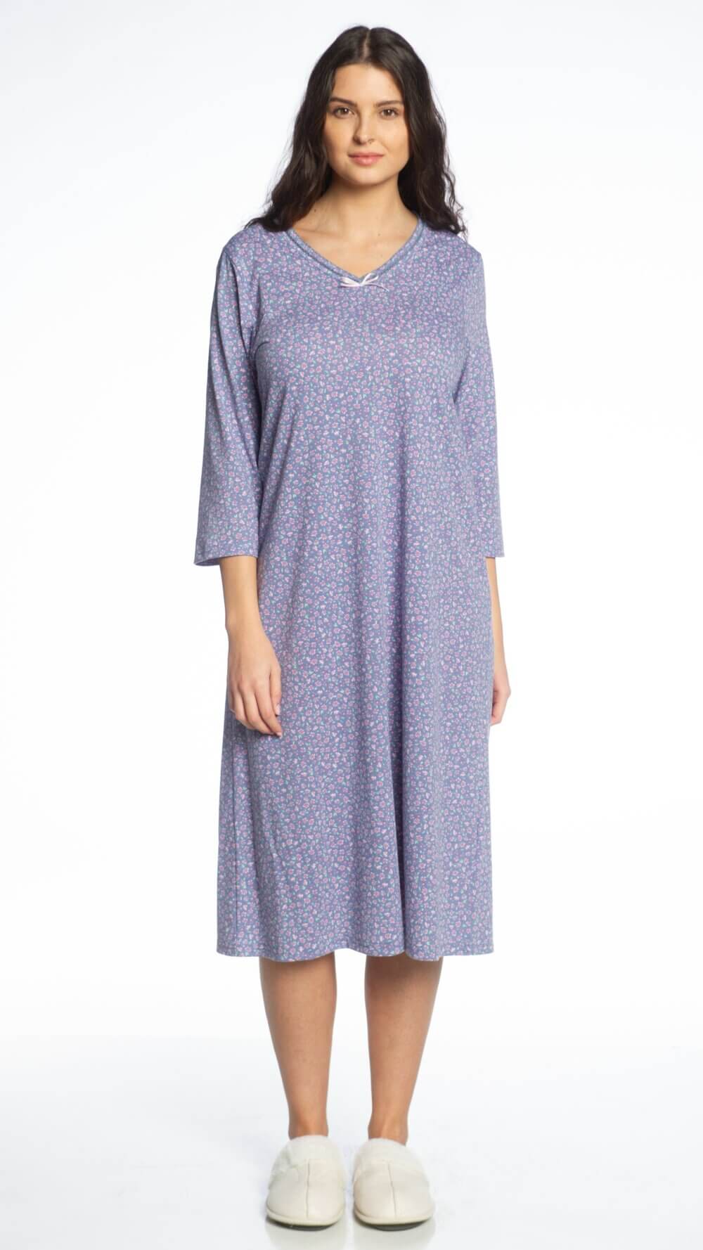 3/4 Sleeve Printed V-Neck Nightgown with Bow Detail - Image 2