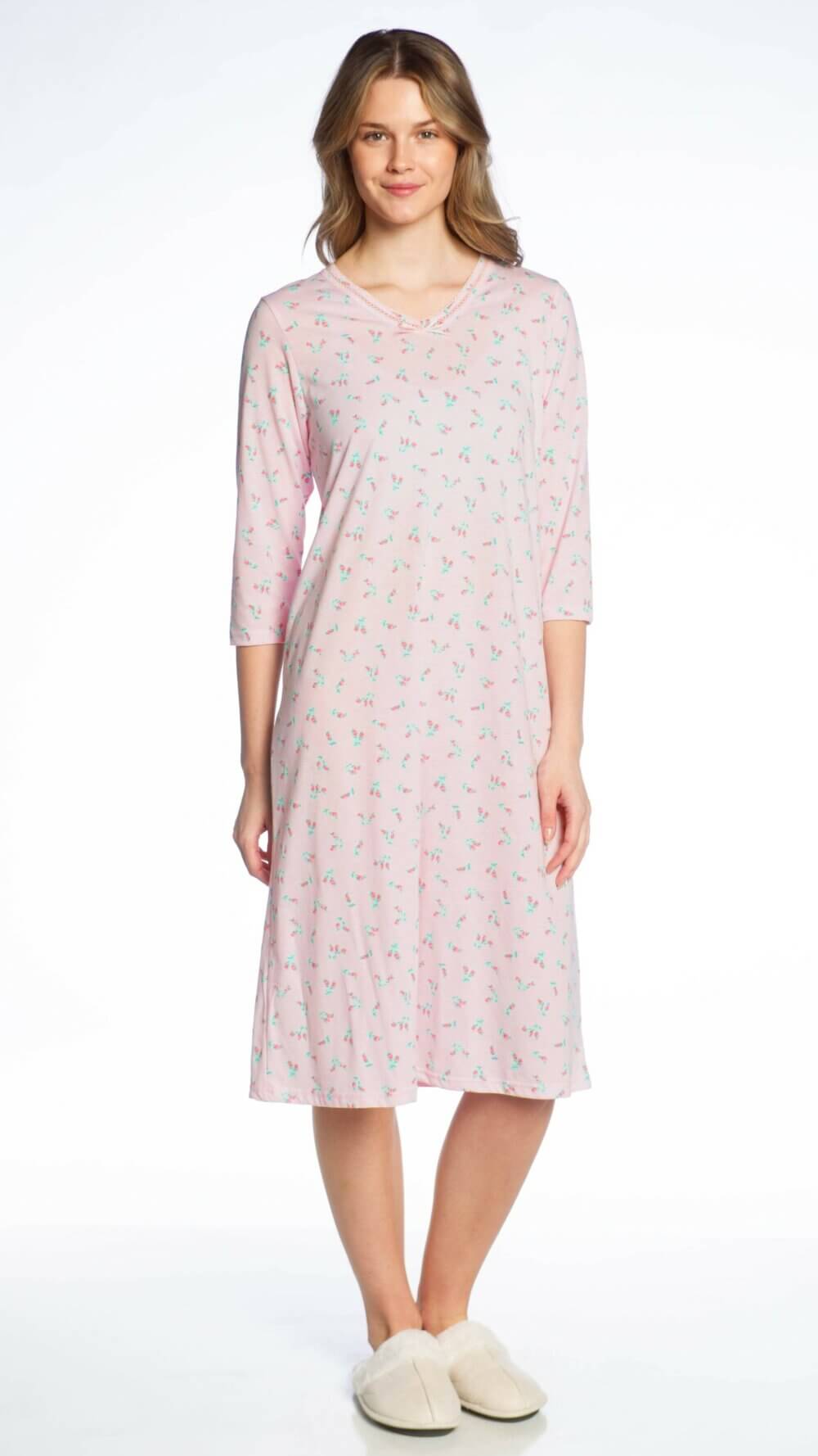 3/4 Sleeve Printed V-Neck Nightgown with Bow Detail - Image 4