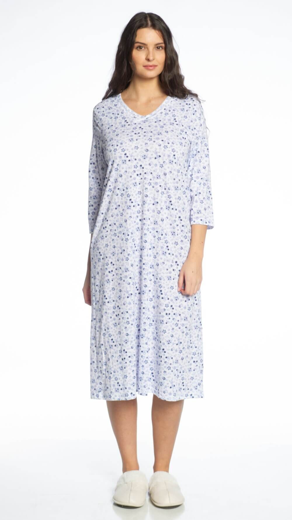 3/4 Sleeve Printed V-Neck Nightgown with Bow Detail