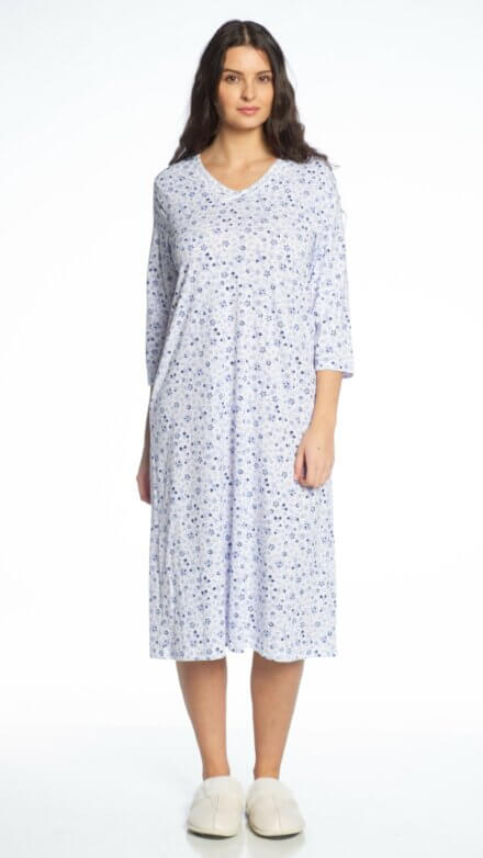 3/4 Sleeve Printed V-Neck Nightgown with Bow Detail