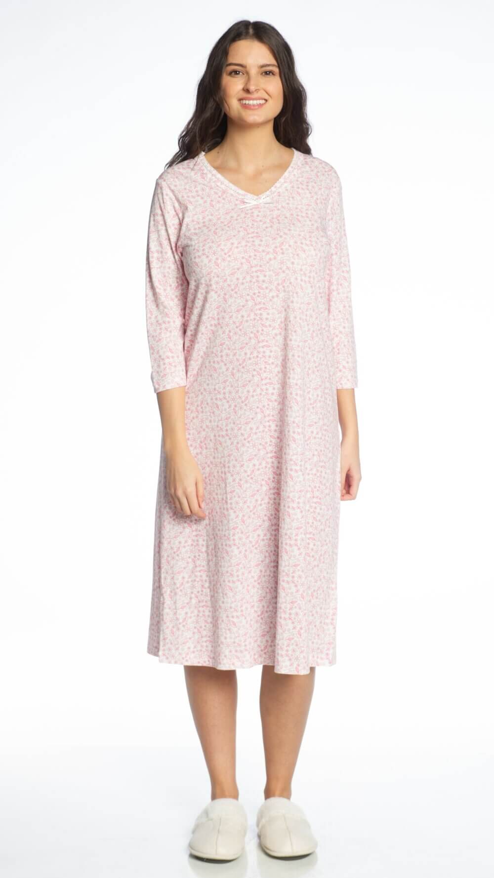 3/4 Sleeve Printed V-Neck Nightgown with Bow Detail - Image 6
