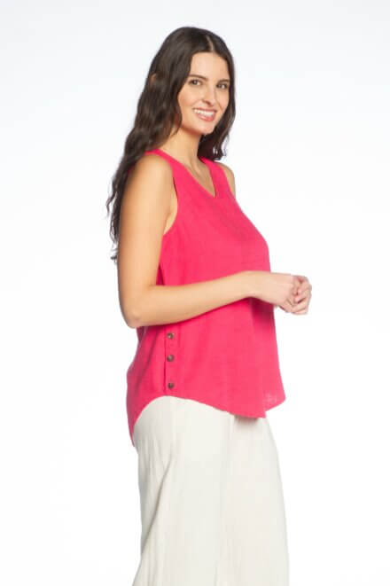 Sleeveless V-Neck Top with Side Button Details.