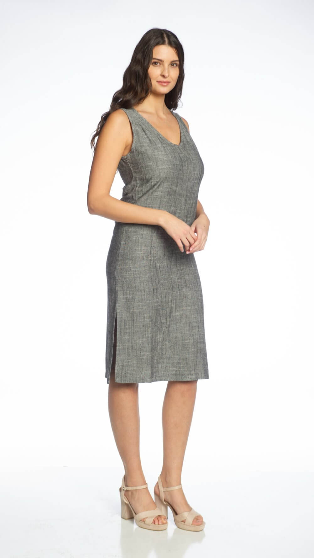 Sleeveless V-Neck Midi Dress with "Pleats" Detail at Front Shoulder and Side Slits - Image 7