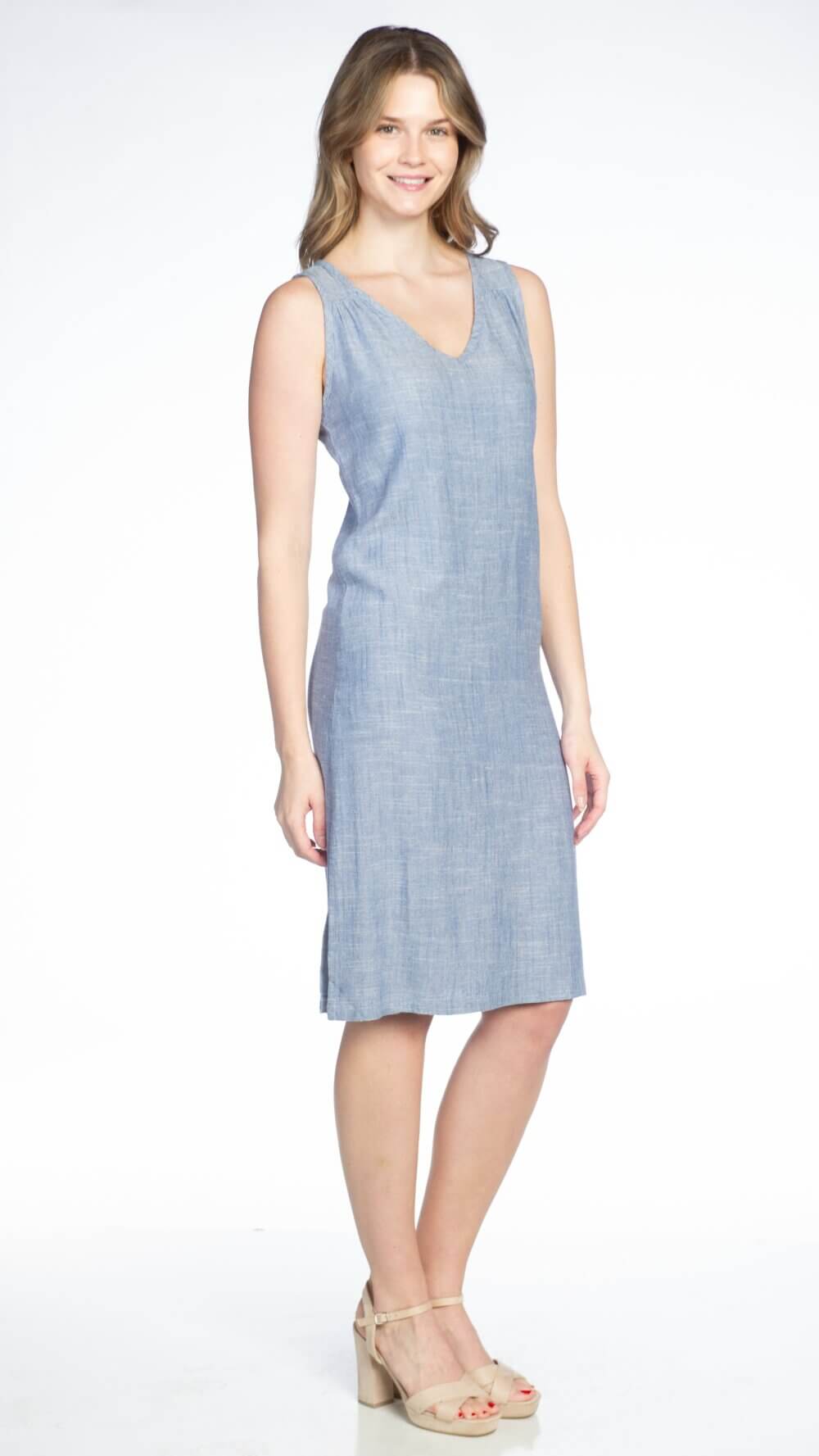 Sleeveless V-Neck Midi Dress with "Pleats" Detail at Front Shoulder and Side Slits - Image 8