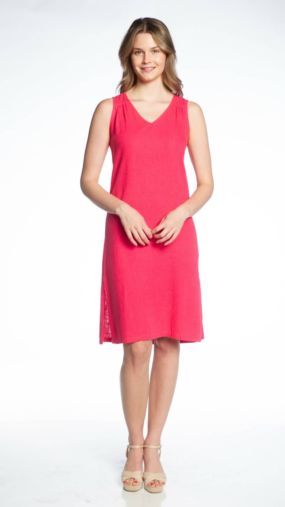 Sleeveless V-Neck Midi Dress with "Pleats" Detail at Front Shoulder and Side Slits - Image 2