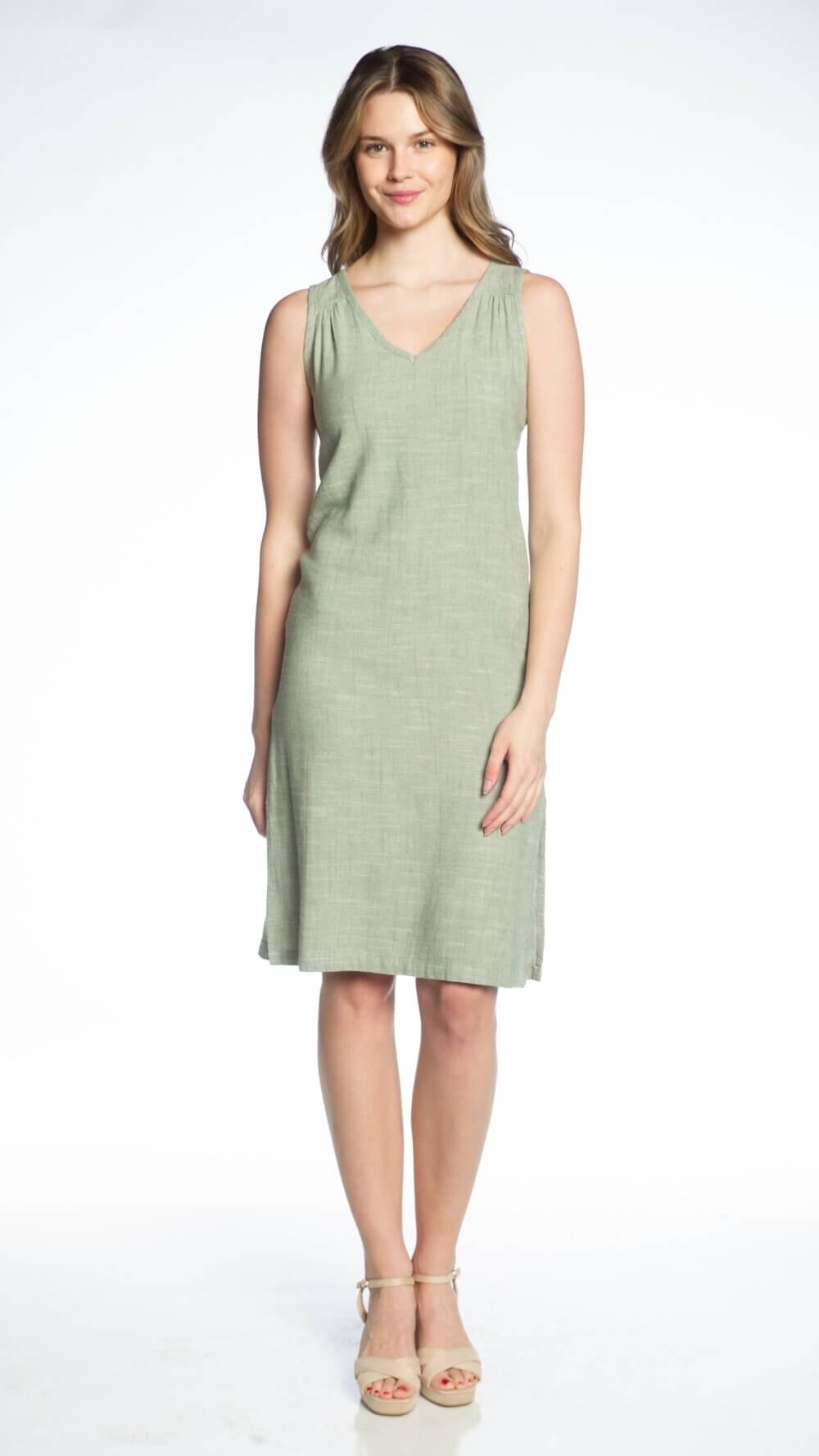 Sleeveless V-Neck Midi Dress with "Pleats" Detail at Front Shoulder and Side Slits - Image 6