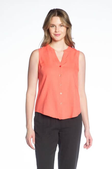 Sleeveless V-Neck Button Front Blouse.