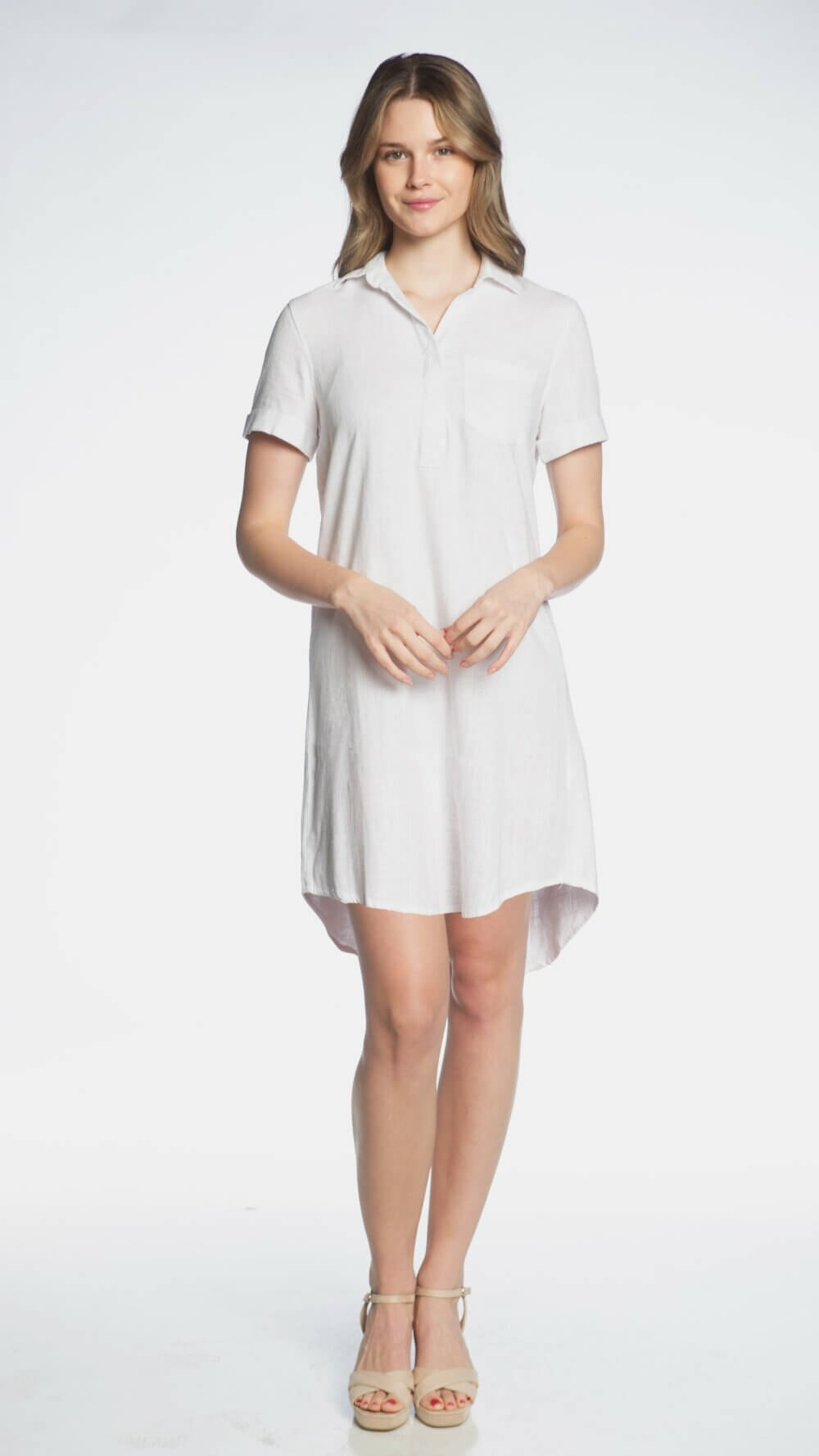 Short Sleeve Johnny Collar Dress with Chest Pocket