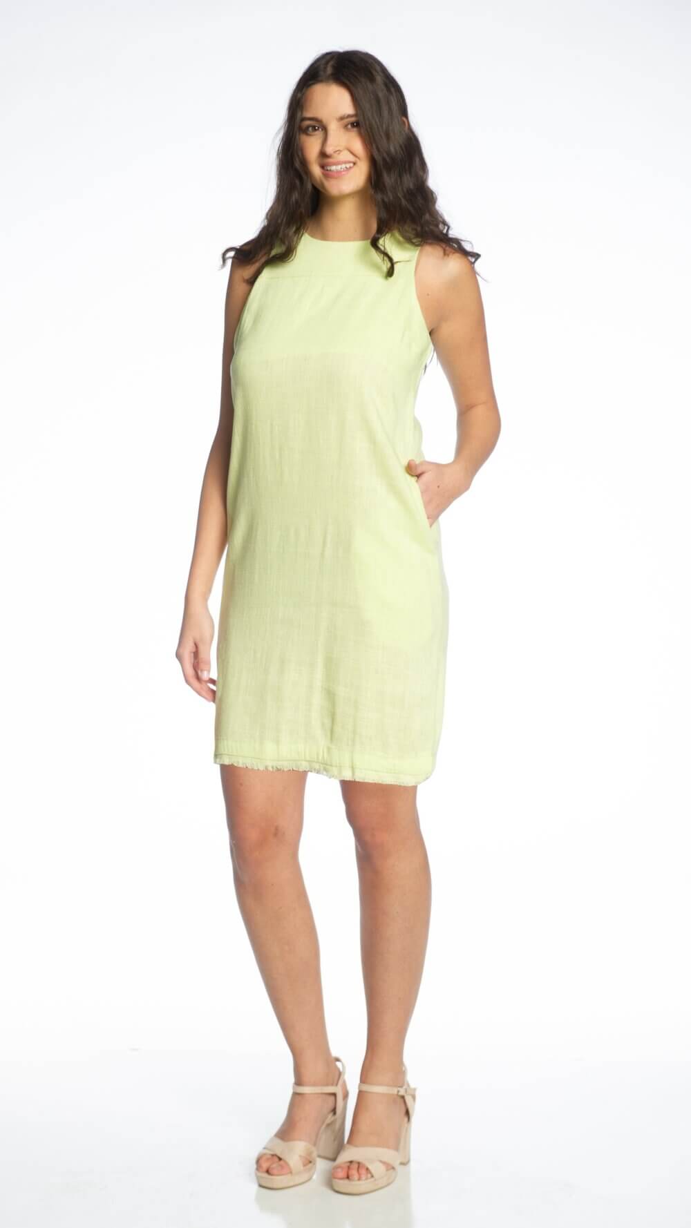 Sleeveless Dress with Yoke, Frayed Edge Hem and Pockets. - Image 6