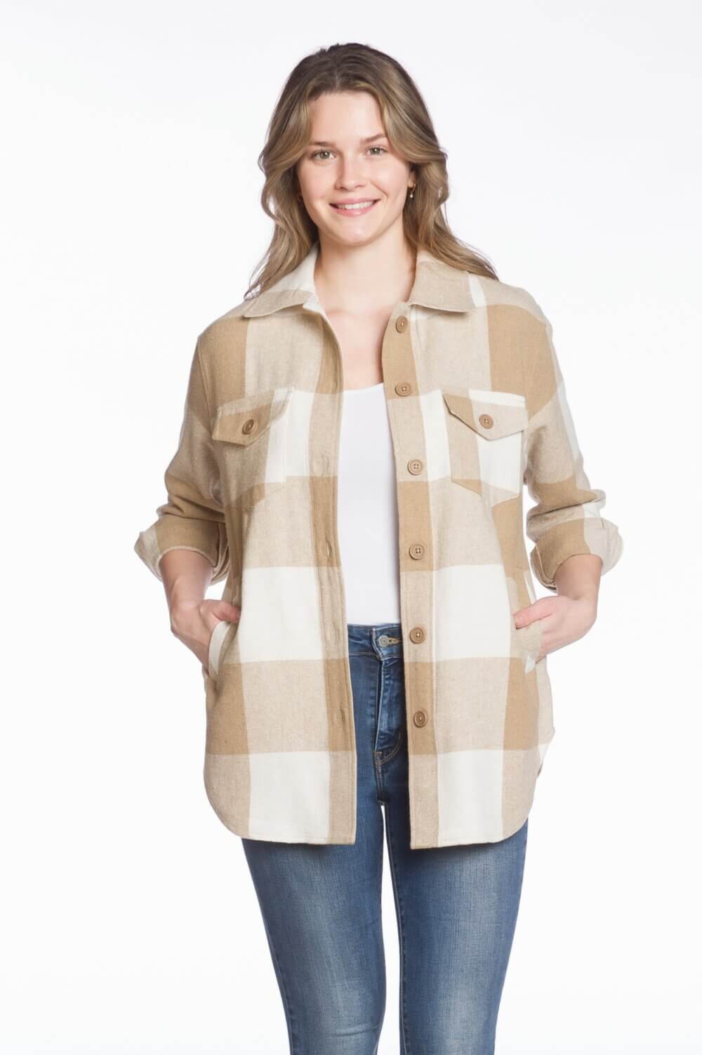 Buffalo Check Long Sleeve Button Front Shirt Jacket with Pockets