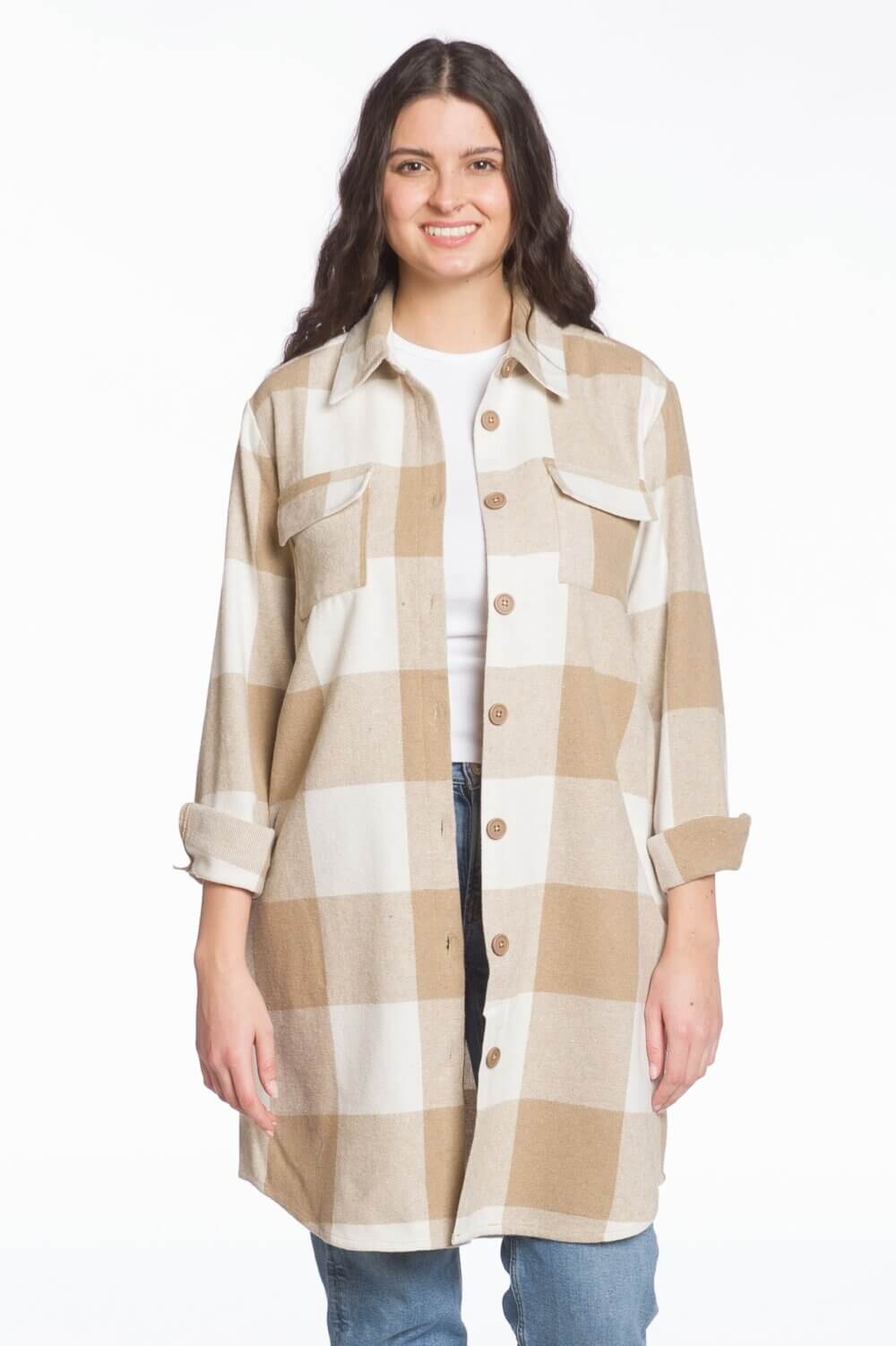 Buffalo Check Long Body Button Front Shirt Jacket with Chest and Side Seam Pockets - Image 3