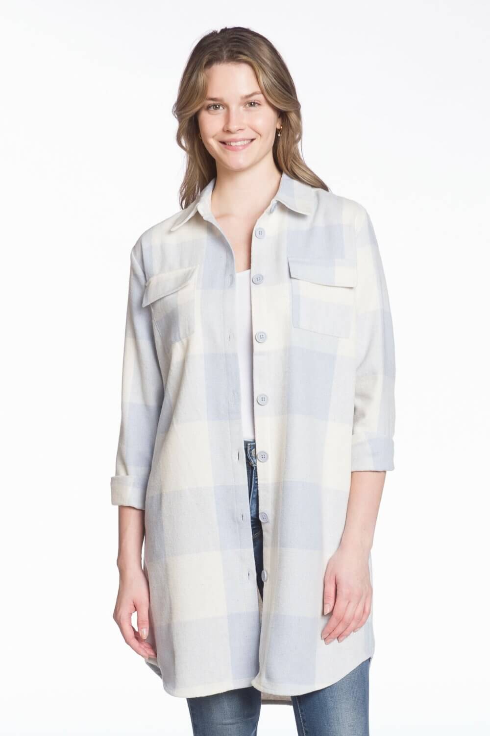 Buffalo Check Long Body Button Front Shirt Jacket with Chest and Side Seam Pockets