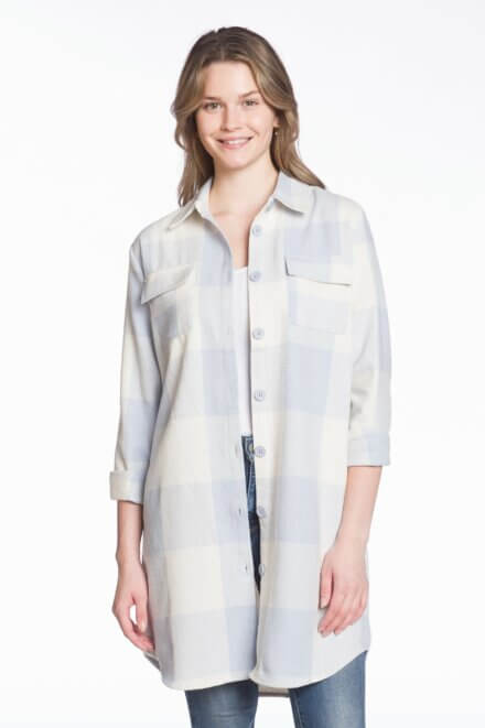 Buffalo Check Long Body Button Front Shirt Jacket with Chest and Side Seam Pockets