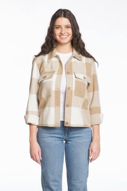 Buffalo Check Short Body Button Front Shirt Jacket with Chest Pockets