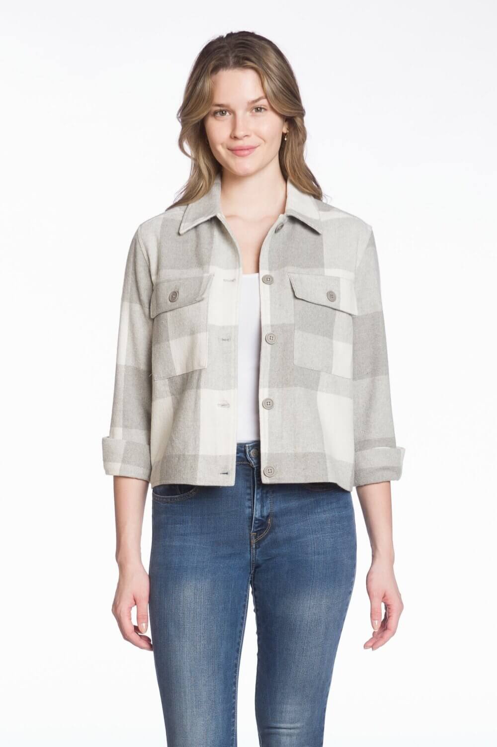 Buffalo Check Short Body Button Front Shirt Jacket with Chest Pockets - Image 3