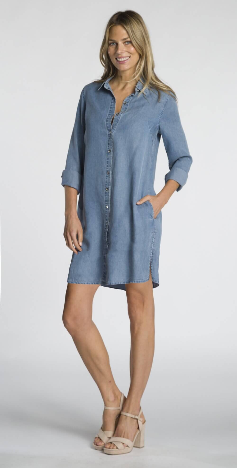 Long Sleeve Button Front Shirt Dress with Side Slits and Pockets