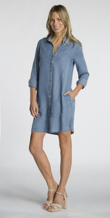 Long Sleeve Button Front Shirt Dress with Side Slits and Pockets