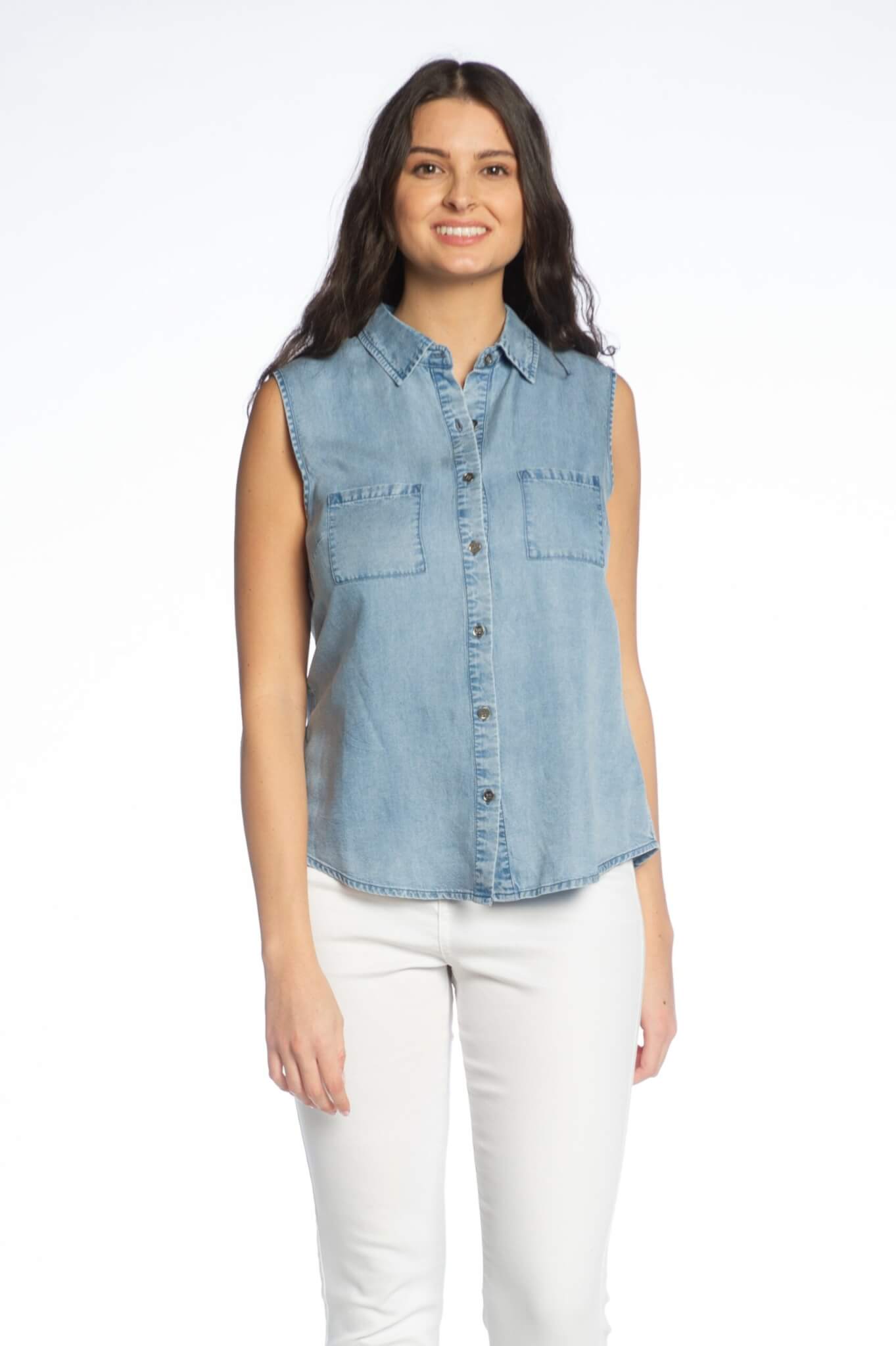 Sleeveless Button Front Top with Chest Pockets - DKR & Company Apparel ...