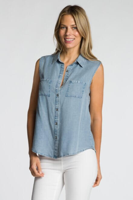 Sleeveless Button Front Top with Chest Pockets