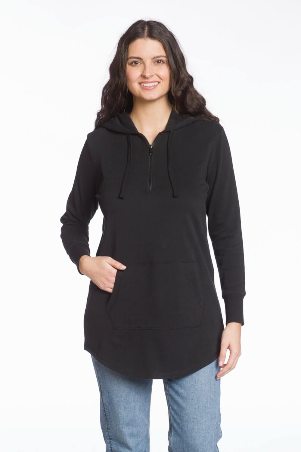 Long Sleeve 1/4 Zip Hooded Tunic Top with Kangaroo Pocket - Image 2