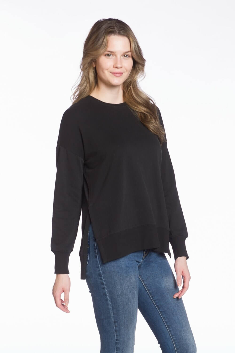 Long Sleeve Crew Neck Top with High-Low Hem and Side Slits - Image 2