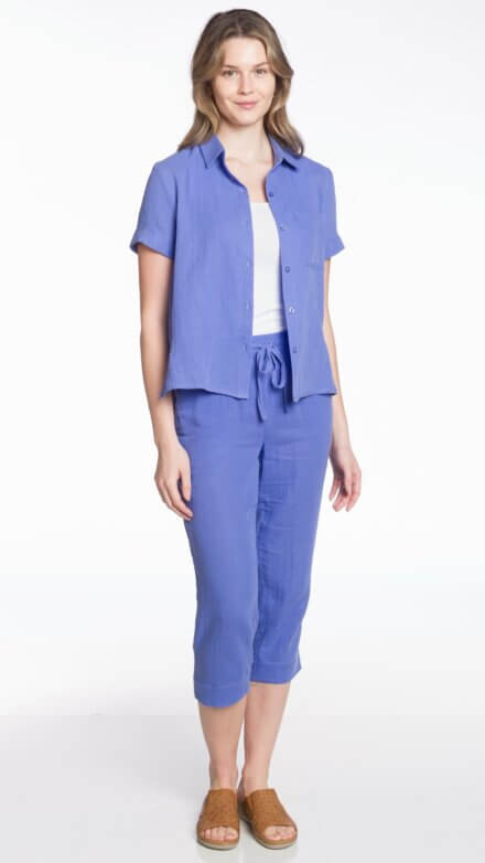 Short Sleeve Button Front Blouse with Chest Pocket