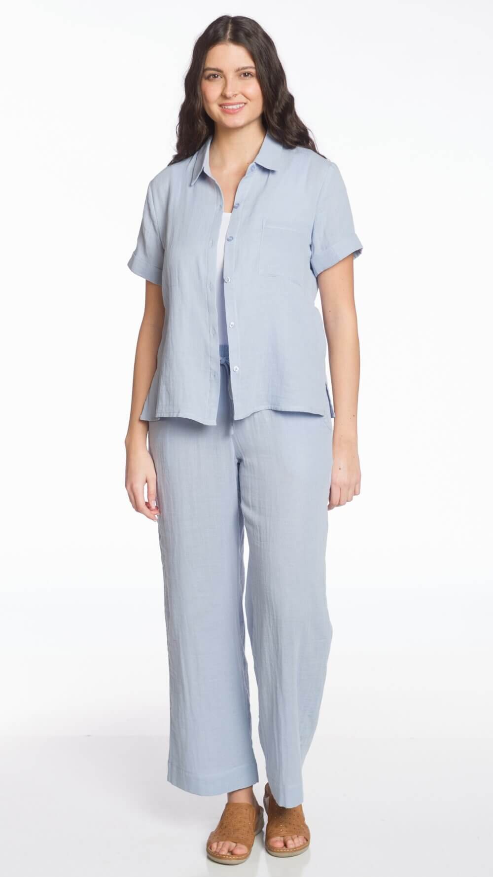 Short Sleeve Button Front Blouse with Chest Pocket - Image 3