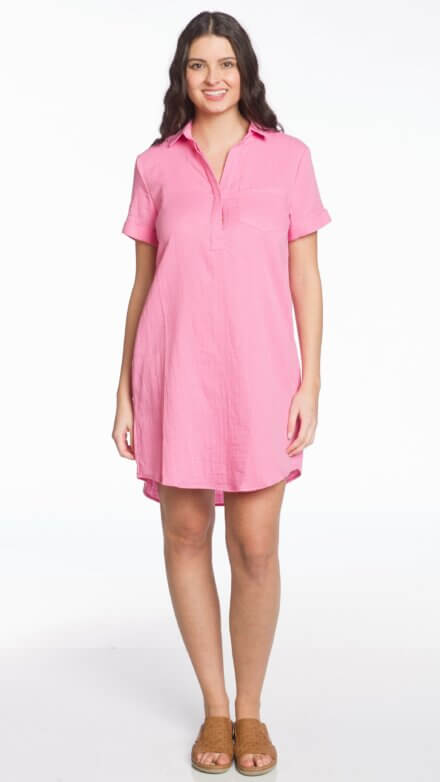 Short Sleeve Johnny Collar Dress with Chest Pocket
