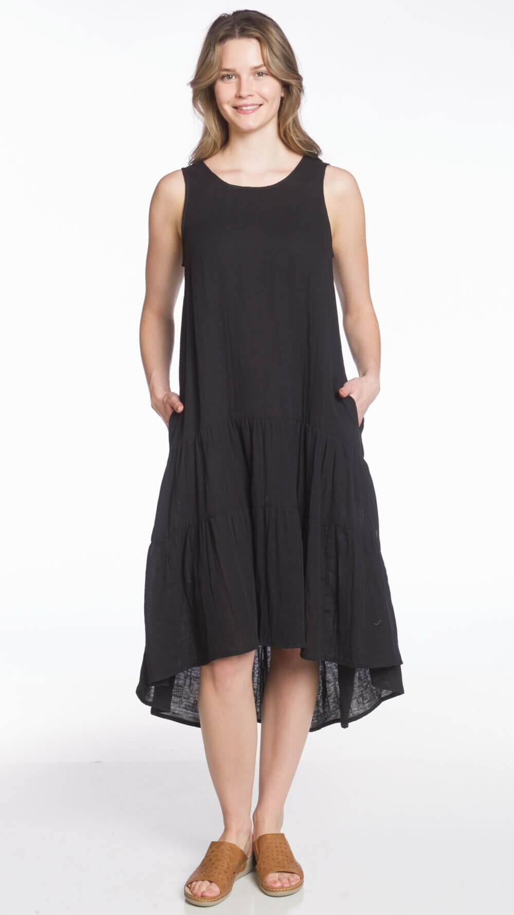 Sleeveless Midi Tiered High-Low Dress with Pockets - Image 4