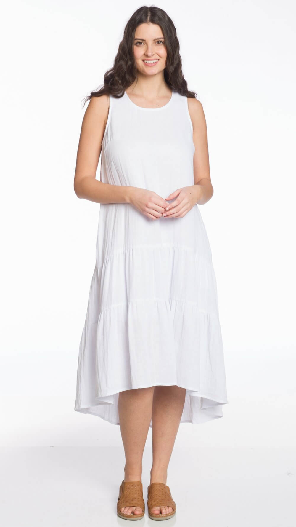 Sleeveless Midi Tiered High-Low Dress with Pockets