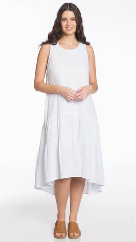 Sleeveless Midi Tiered High-Low Dress with Pockets
