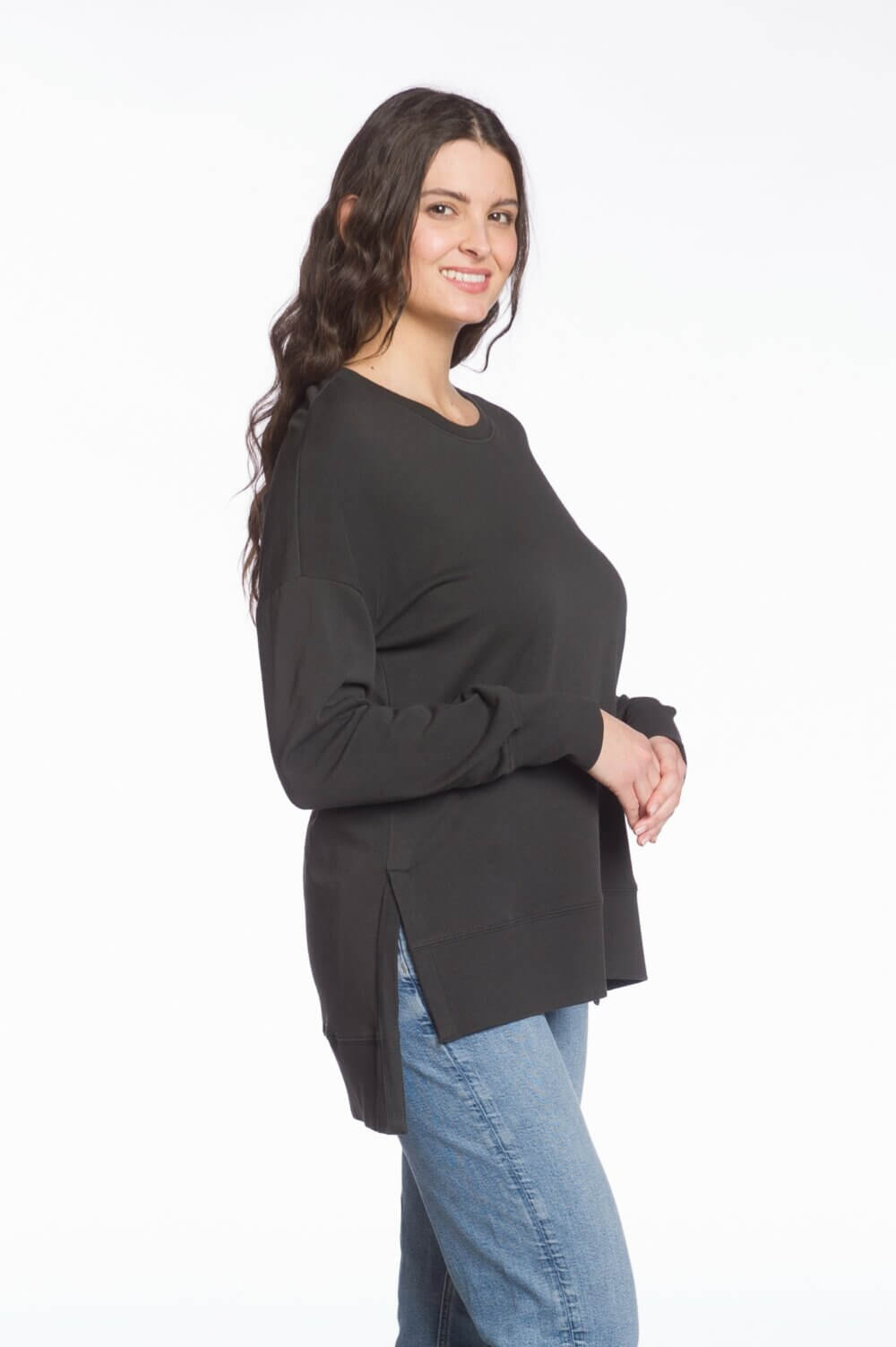 Long Sleeve Crew Neck Top with High-Low Hem and Side Slits - Image 2